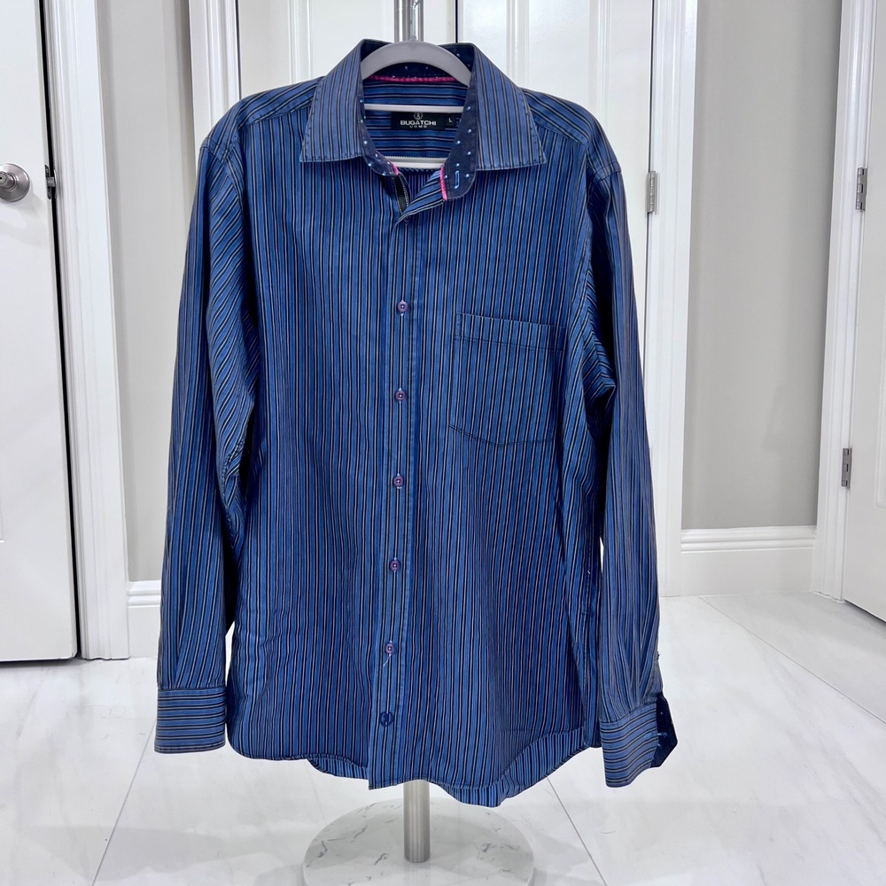 Bugatchi Uomo Men's Long Sleeve Button Down Shirt Size L blue striped EUC